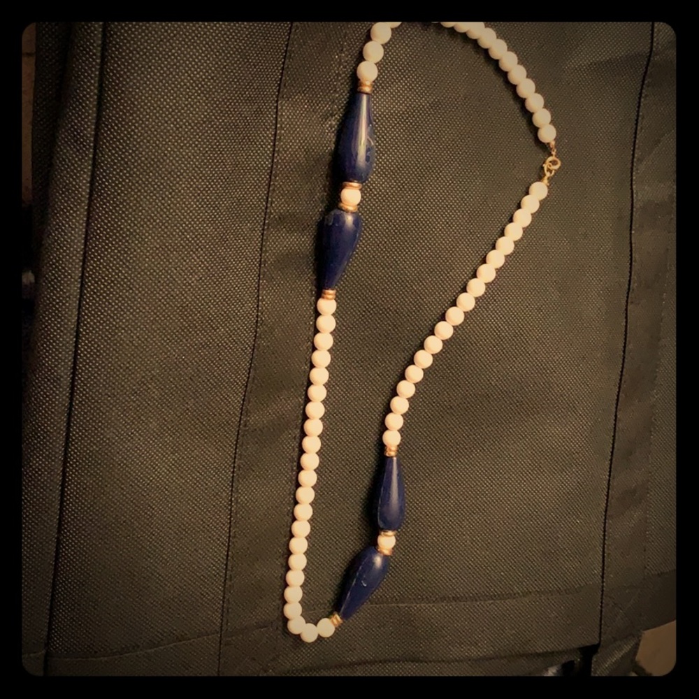 Blue, white, and gold beaded necklace